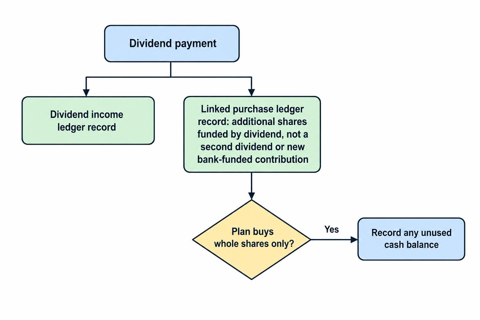A dividend income event branches into an income record and a linked share purchase, with fractional shares or leftover cash handled according to the actual plan.